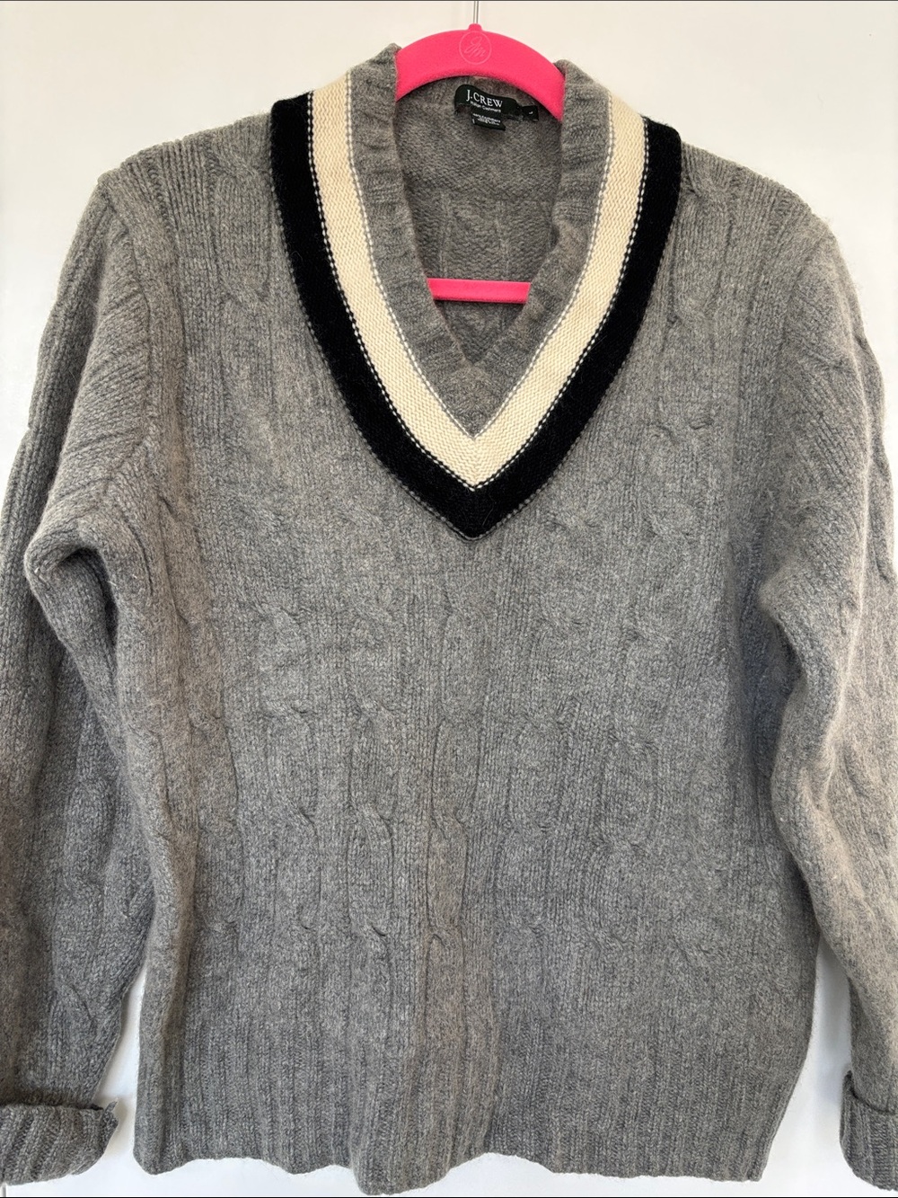 J. Crew Gray Cable-Knit V-Neck Sweater with Cream and Black Trim